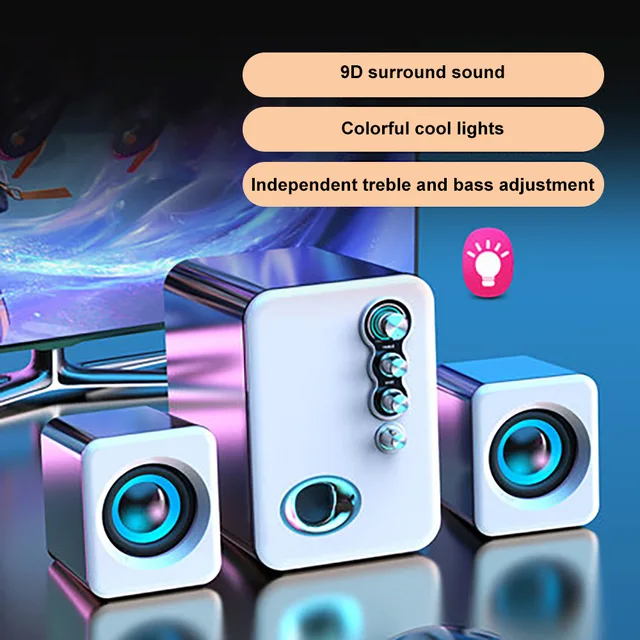 Computer Audio USB 2.1 Multimedia Bluetooth Overweight Subwoofer Desktop Home Speaker Wired Universal Audio Bright light White
