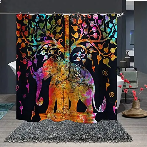 

Indian Bohemian Colorful Elephant Pattern Print Shower Curtain, Waterproof Eco-Friendly Polyester Fabric Bathroom Set Boho Yoga