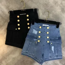 DEAT, Осенние рваные золотые пуговицы, высокая талия, темно-синие хлопковые джинсовые шорты, женская мода, MG978