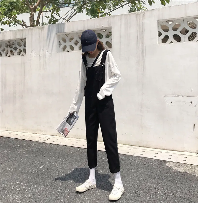 Комбинезоны женские Ulzzang однотонные джинсовые уличные Большие размеры женские весна осень новые свободные прямые женские s брюки студенческие повседневные