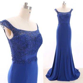 

MACloth Dark Blue Sheath Off the shoulder Floor-Length Long Crystal Jersey Prom Dresses Dress M 266355 Clearance