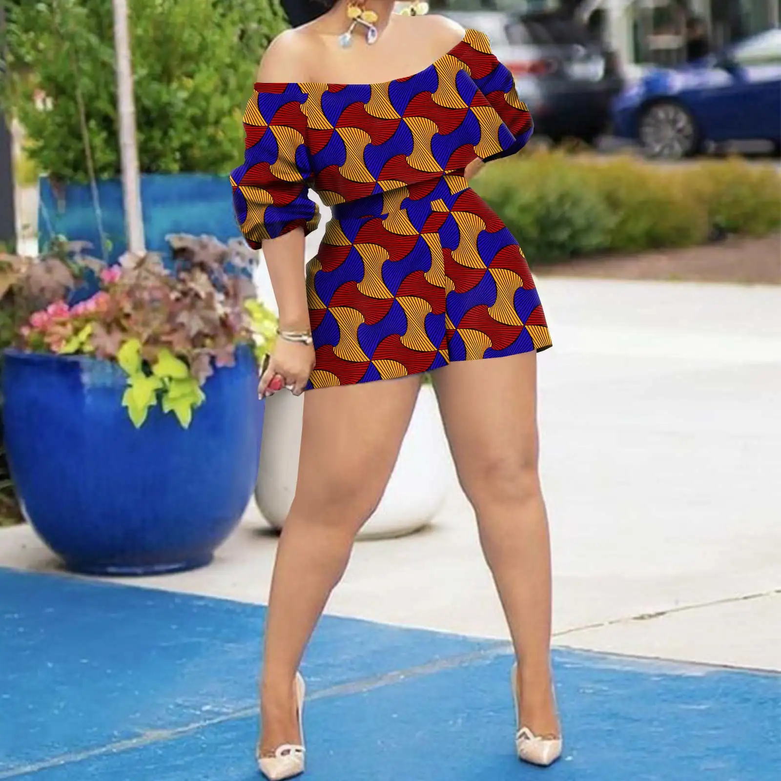 African Clothing for Women Off Shoulder Dashiki Top and Print Shorts 2 Piece Set Sexy Club Party Ankara Attire A2126005 african attire for women Africa Clothing