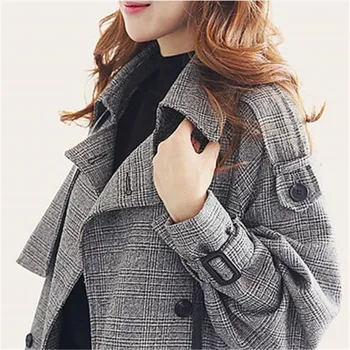 

women's trench coat windbreaker casual Houndstooth pattern with belt button decoration long ladies coats Ladies' windbreaker