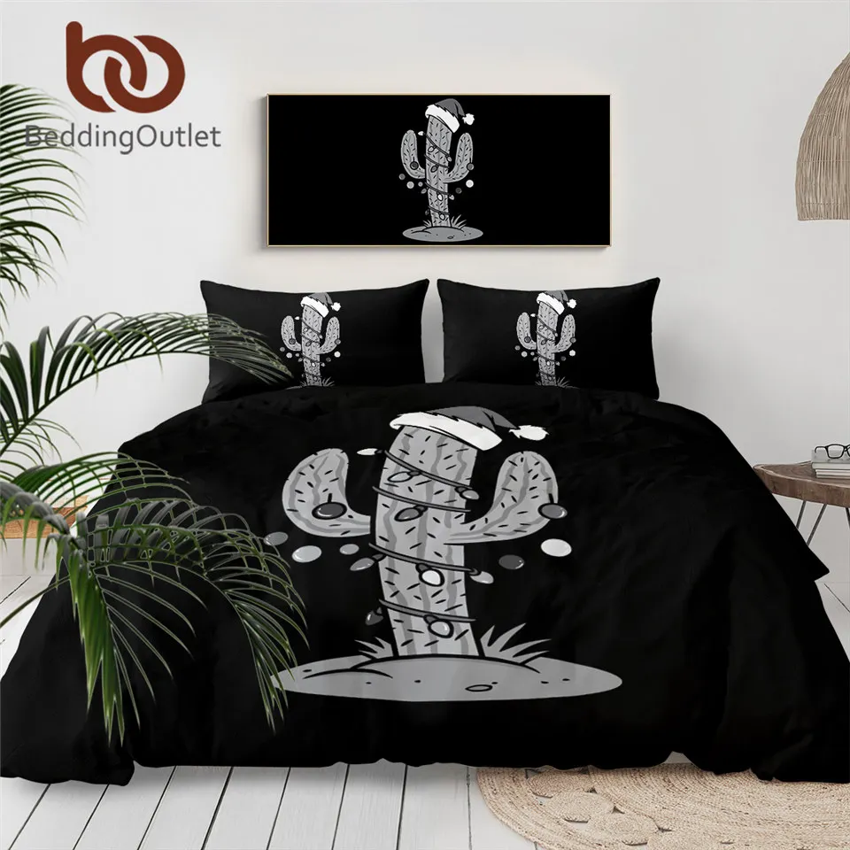 

BeddingOutlet Cactus Bedding Set Light Duvet Cover Cartoon Tropical Plant Bed Cover Christmas Hat Home Textile Black Bedspread