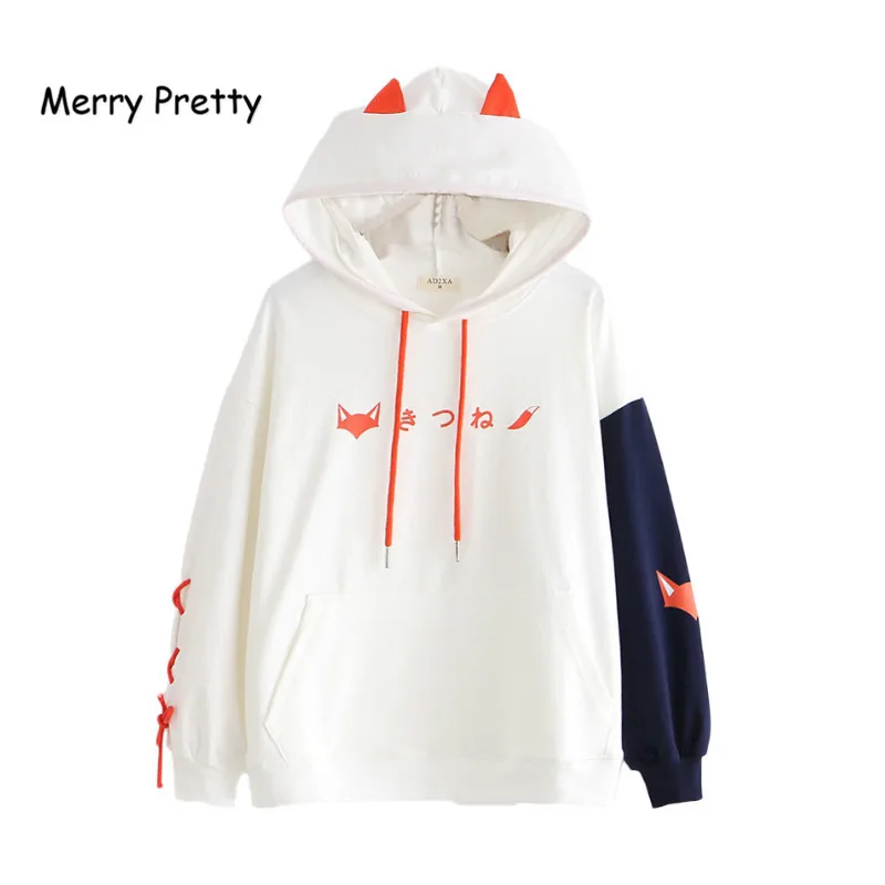  Merry Pretty Fox Print Lace Up Hooded Sweatshirts Women Cotton Hoodies With Horns Harajuku Thick Fl
