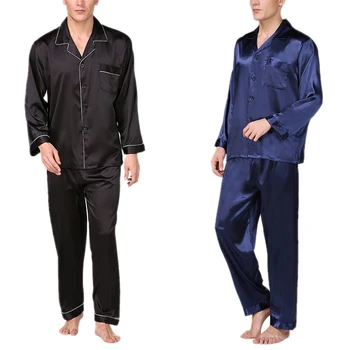 

2020 New Men Satin Silky Sleepwear Pajamas Sets Long Sleeve Shirts + Long Pant Sleepwear Suits Plus Size L-3XL