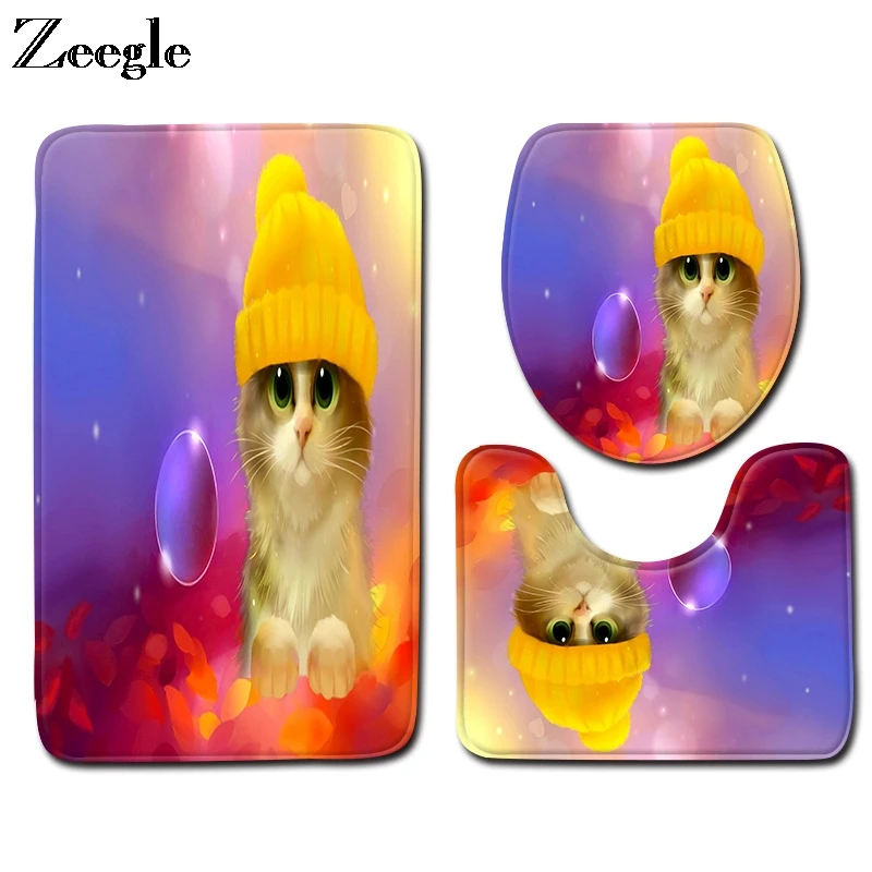 Zeegle 3d Printed Cat Bath Mat Set Microfiber Toilet Pedestal Rug Washable Toilet Cover Seat Anti Slip Foot Mat Toilet Set
