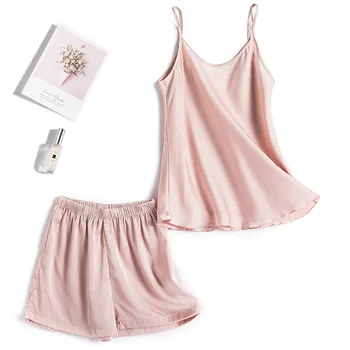 

6 Colors Satin Pajamas Set Women Solid Strap Top&Shorts Summer Silky 2PCS Sleepwear Female Pyjamas Suit Casual Home Clothes