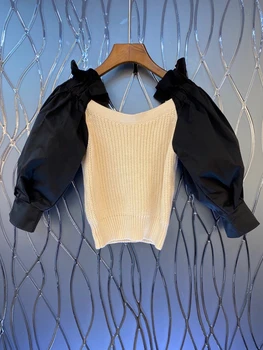 

2020 Early Autumn New Women's Sleeves Irregular Color Matching Stitching Knitted Decoration All-match Short Shirt 811