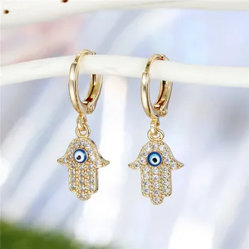 1Pair New Crystal Turkish Evil Eye Hand Hamsa Hoop Earrings For Women Personality Gold Metal Zircon Circle Earrings Jewelry