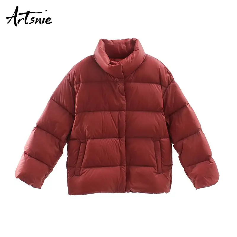 Artsnie streetwear casual turtleneck women parkas winter long sleeve sustans coats zipper double pockets warm parkas female - Цвет: Red