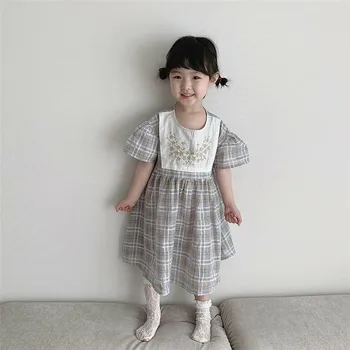 

Girls Plaid Dress 2020 Summer Korean Children Kids Princess Dress Embroidery Floral Baby Girls Party Dress Newborn Bodysuits