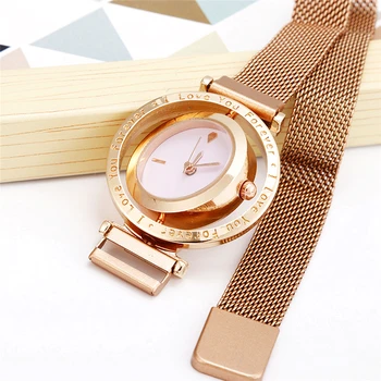 

Luxury Rose Gold Women Watch Mesh Magnetic Buckle Creative Rotating Dial Quartz Ladies Dress Gift Business Casual Wrist Watch
