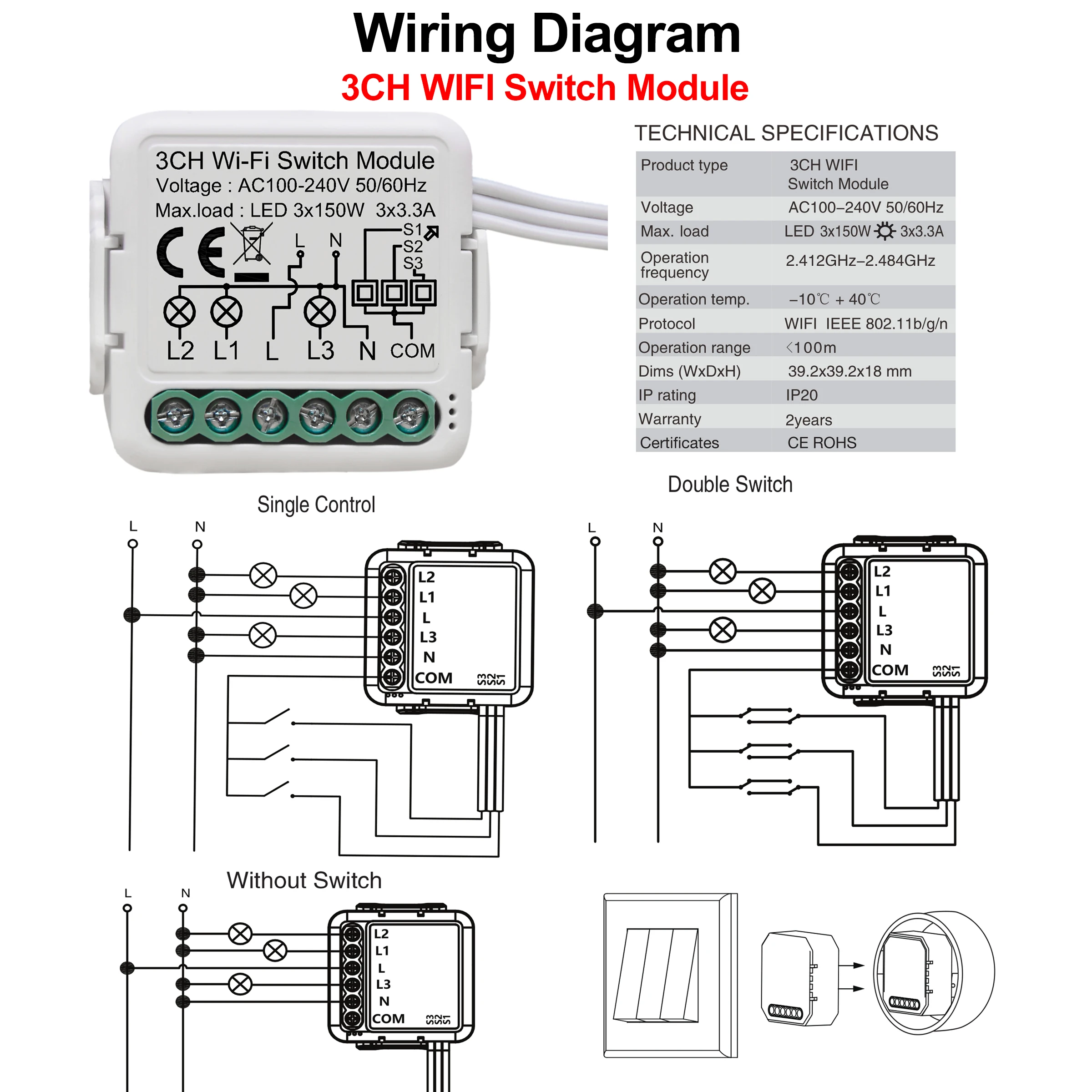 투야 와이파이 스마트 조명 스위치 모듈, 양방향 제어 지원, 앱 원격 제어 DIY 차단기 100-240V, 알렉사 구글 홈과 호환