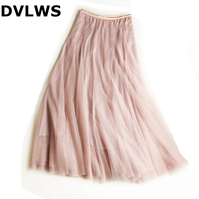 Женская длинная сетчатая юбка элегантная розовая из тюля в корейском и японском