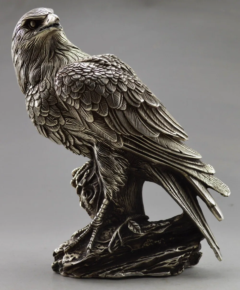 

Collectible Decorate Old Handwork Tibet Silver Carved Eagle On Tree Statue
