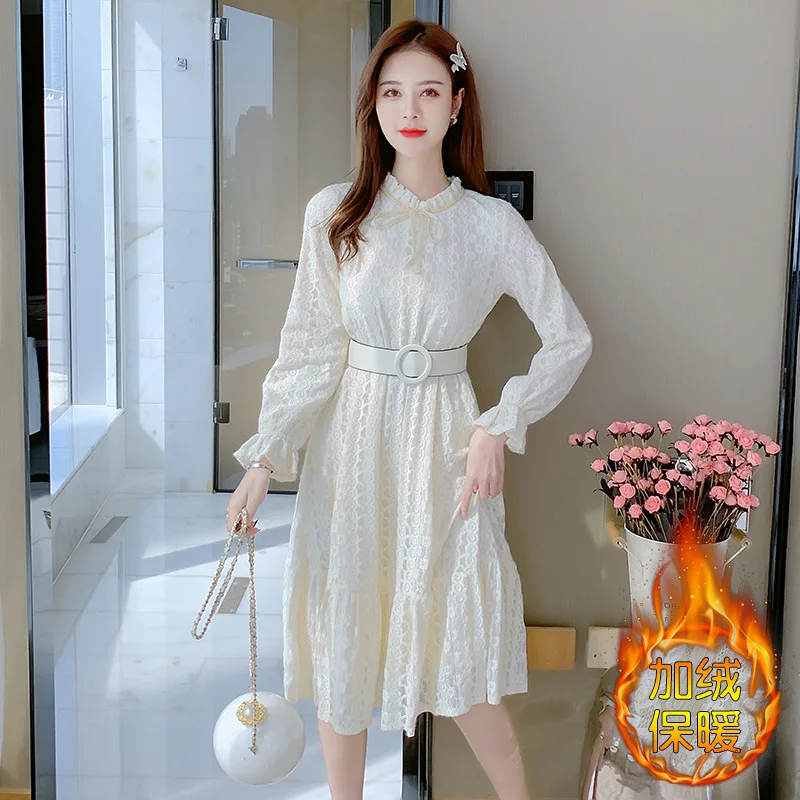 

Minority temperament long style knee bottomed skirt with white lace dress for women autumn and winter with overcoat skirt