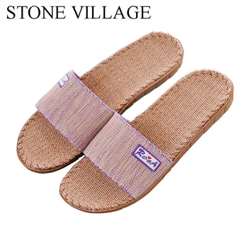 

STONE VILLAGE Flax Slippers Men Indoor Shoes Summer Couples Comfortable Beach Flip Flops Women Flat Home Slippers Shoes Women