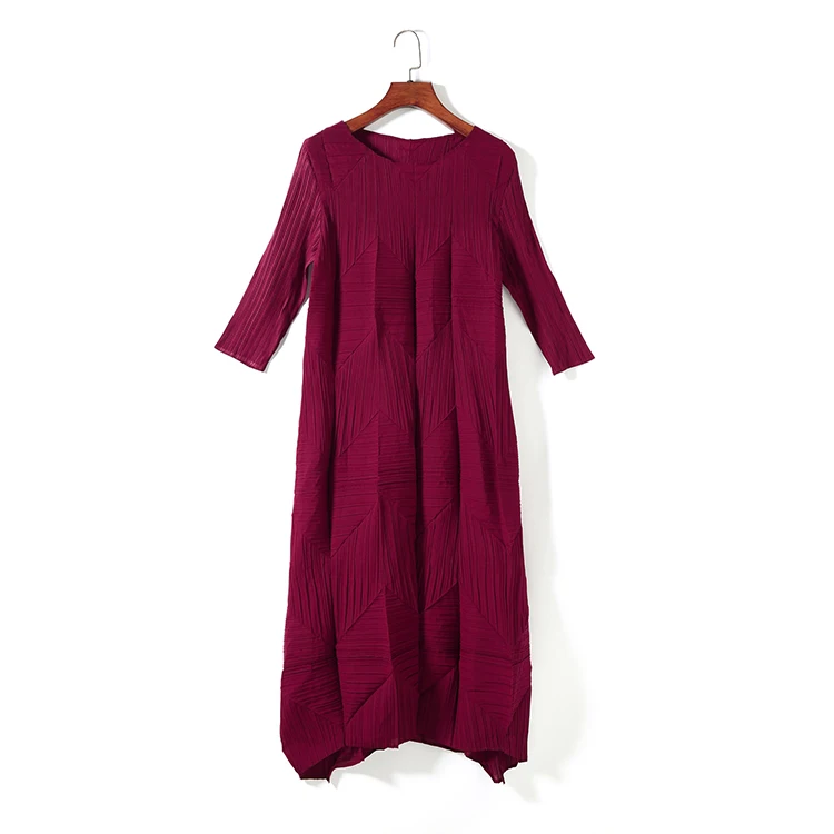 Changpleat осенние новые женские платья Miyak плиссированные Модные Дизайнерские однотонные с круглым вырезом 3/4 рукав Свободные Большие размеры женское платье