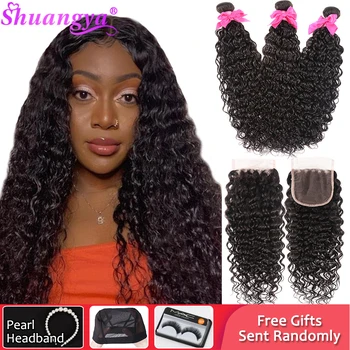 

Shuangya Wet and Wavy Water Wave Bundles with Closure 100% remy 3 Bundles with Closure Brazilian hair Weave Bundles With Closure