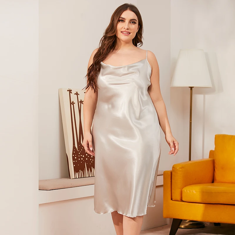 Women Sleepwears Dress Homewear Solid Thin Satin Nightdress Summer Plus Size