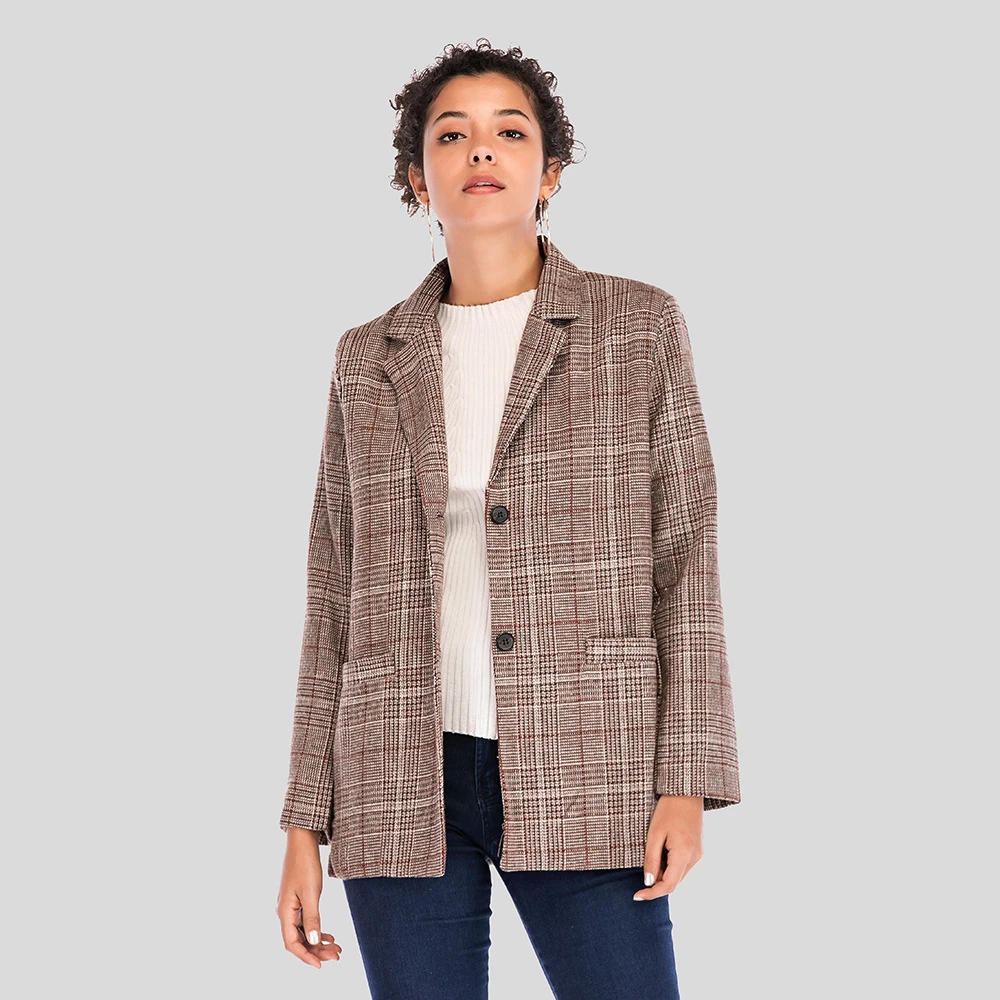 

Vintage Single Breasted Plaid Blazer Women Elegant Houndstooth Blazers Women Long Sleeve Coat Female Coat Outerwear