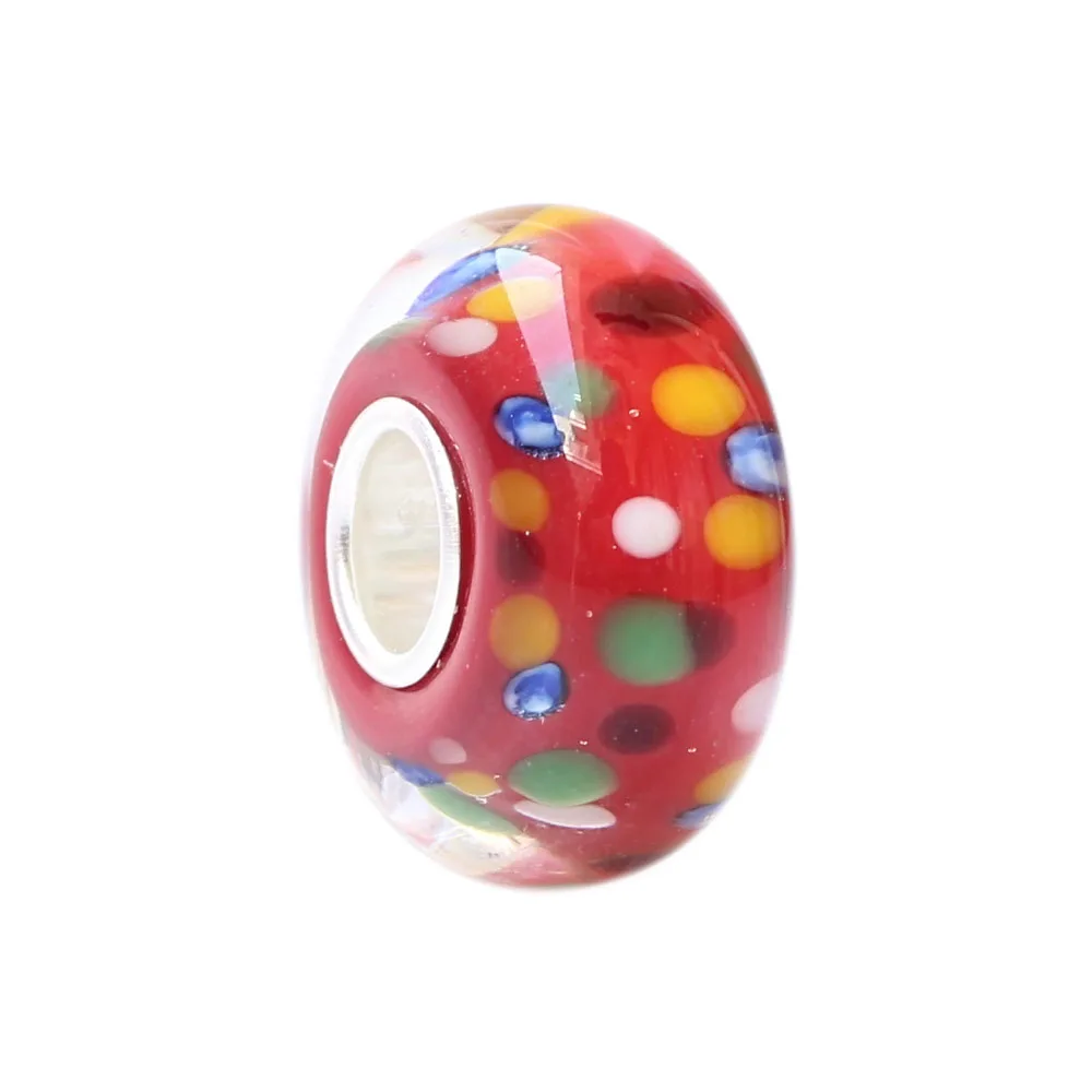 

Colorful Spots On Red Glass bead with Solid Sterling Silver Tube .925 Stamped Fit European Snake Chain