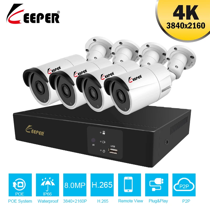 Хранитель 4K Ultra HD 4CH DVR комплект H.265+ CCTV камера система безопасности 8MP система видеонаблюдения ИК Открытый ночного видения комплект видеонаблюдения