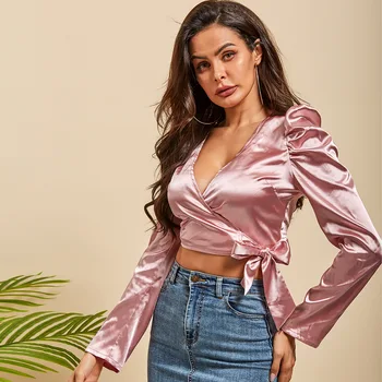 

2019 new women satin shirt solid color deep V Criss Cross princess long sleeve Ladies short Blouse with bow tie Black White Pink