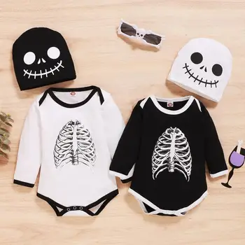

PatPat 2020 New Arrival Autumn Halloween Baby Unisex casual Skeleton Rompers 2-piece Baby Skeleton Rompers with hat Set