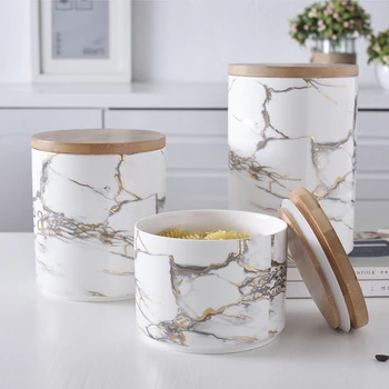 

Nordic Marble Ceramics Kitchen Set Seasoning Cans Wooden Cover Sealed Jar Storage Tray Tea Box Food Storage Tank Organization