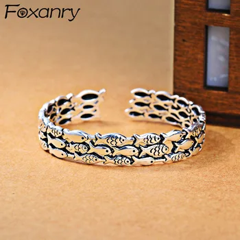 

Foxanry 925 Sterling Silver Charm Cuff Bracelet for Women Couples Thai Silver Fine Jewelry Vintage Cute Fishs Party Accessories