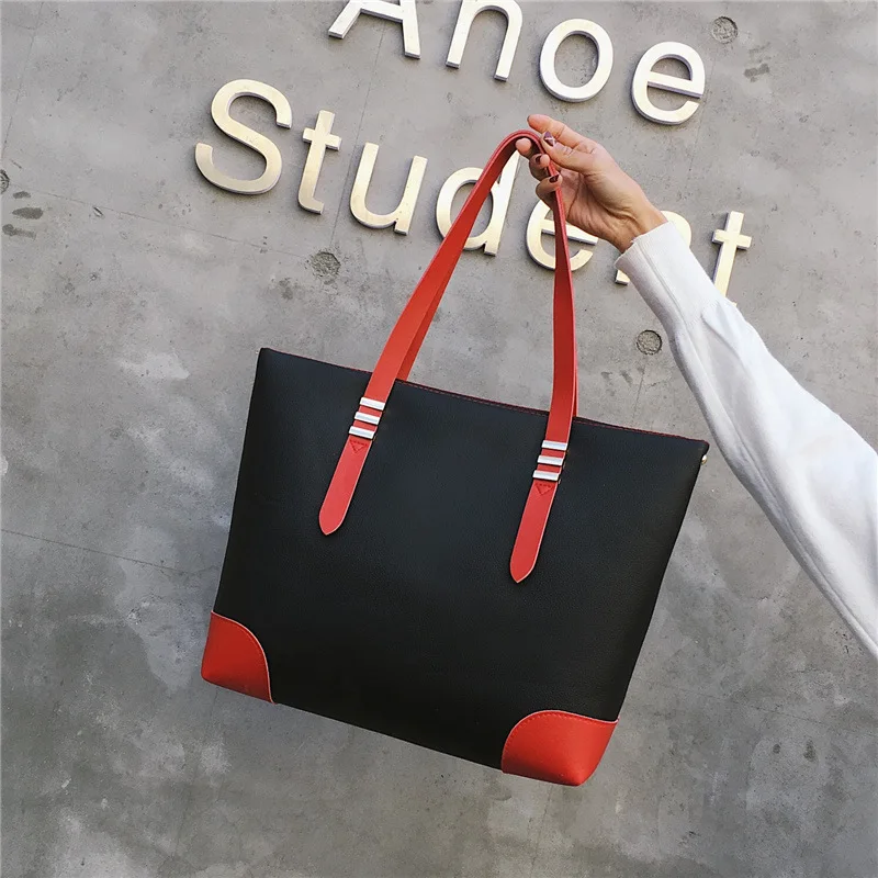 

2018 New Style Fashion Europe And America Pu Contrast Color Large Bag Embossed Leather Women's Handbag Shoulder Bag WOMEN'S Bag