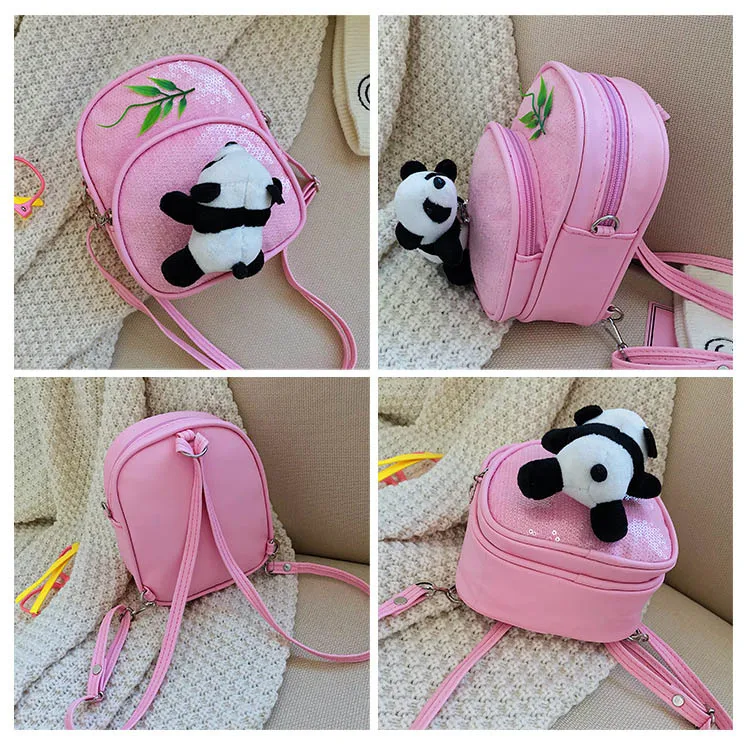 Mini PU leather Crossbody Bag for Little Girls Sequin Gillter School Handbags Teenagers Cute Panda Plush Backpack Pink Black Red (4)