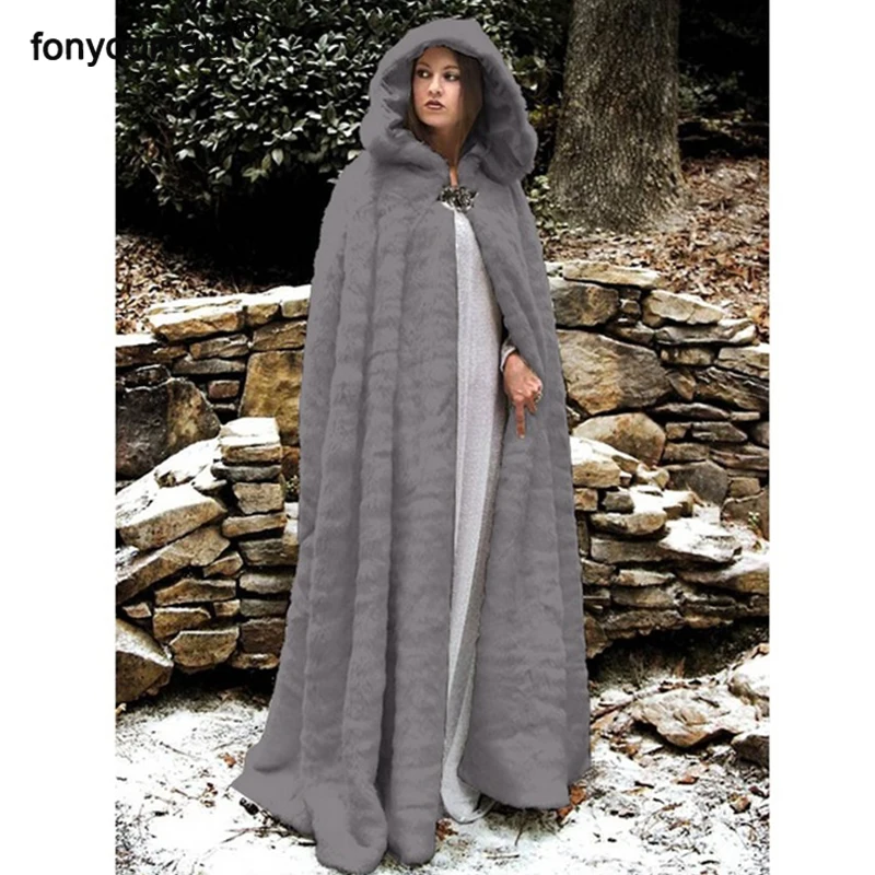 Womens Vintage Style Embroidered Faux Fur Hooded Cape Coat Winter