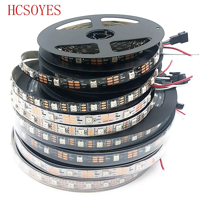 

DC5V 1m/4m/5m Black/White PCB 30/60/144 leds/m WS2812IC 30/60/144 LED pixels WS2812B Smart led pixel strip lights