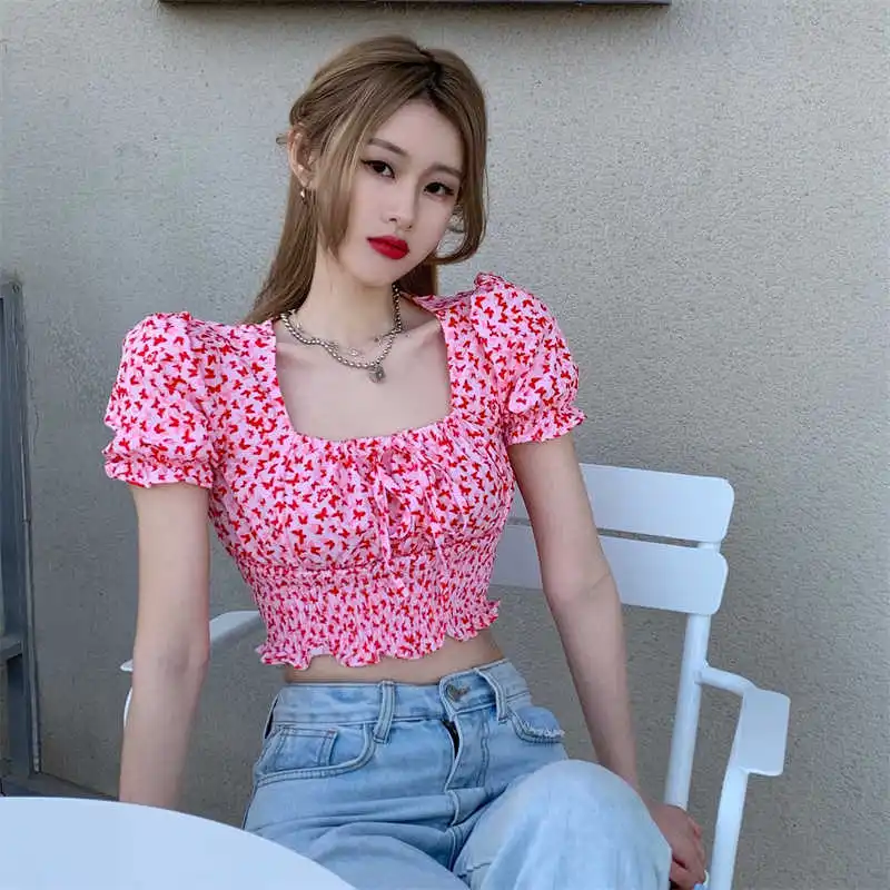 С квадратным воротником и рукавами-Fold цветочный шифоновая рубашка По заниженной