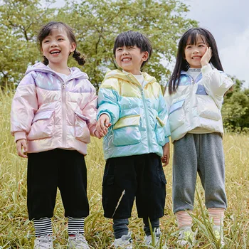 

Winter White Duck Down Jacket for Girls 2-8 Years Beauty Kids Outerwear with Ears Smart Colorblock Letter Hooded Shine Boys Coat