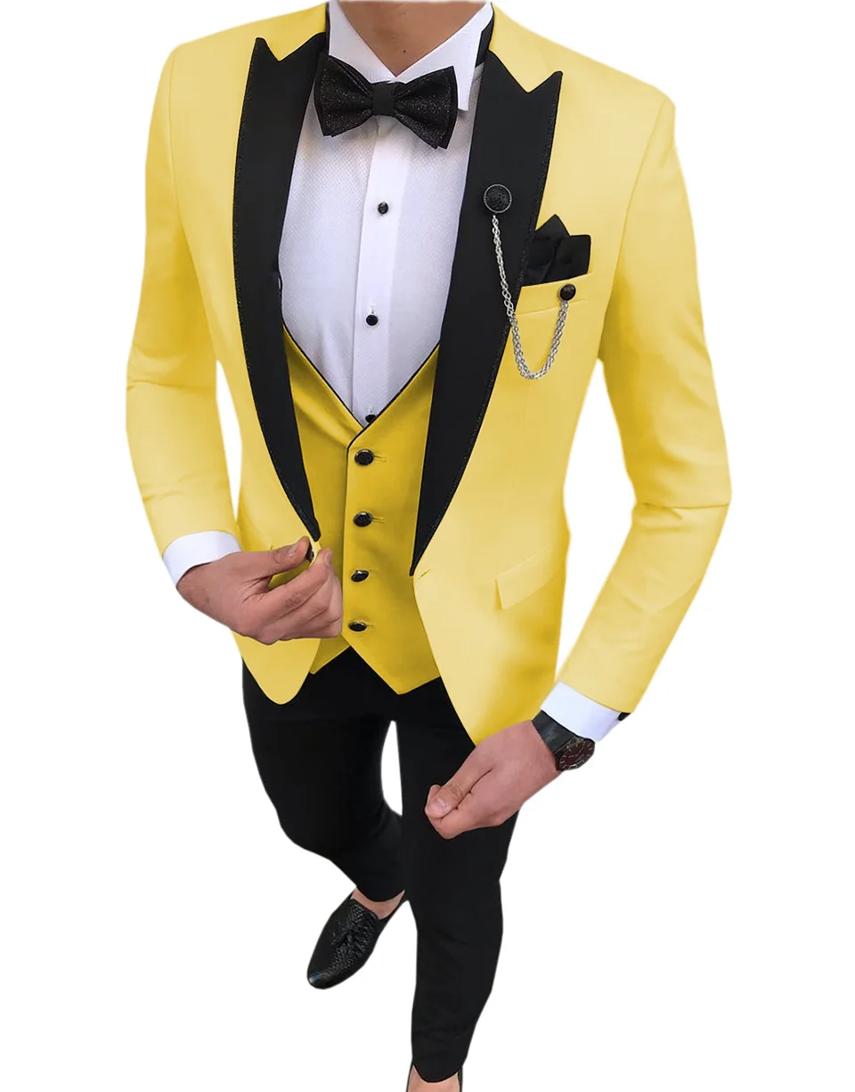yellow Мужские костюмы из 3 предметов, облегающий повседневный мужской костюм с отворотом белого цвета слоновой кости, деловой смокинг для торжественных свадеб(Блейзер+ брюки+ жилет - Цвет: yellow