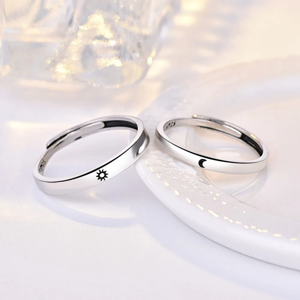 Серебряное кольцо, простой стиль, луна, солнце, регулируемое, 925, пара колец для девочек и мальчиков, лучший друг, ювелирное изделие