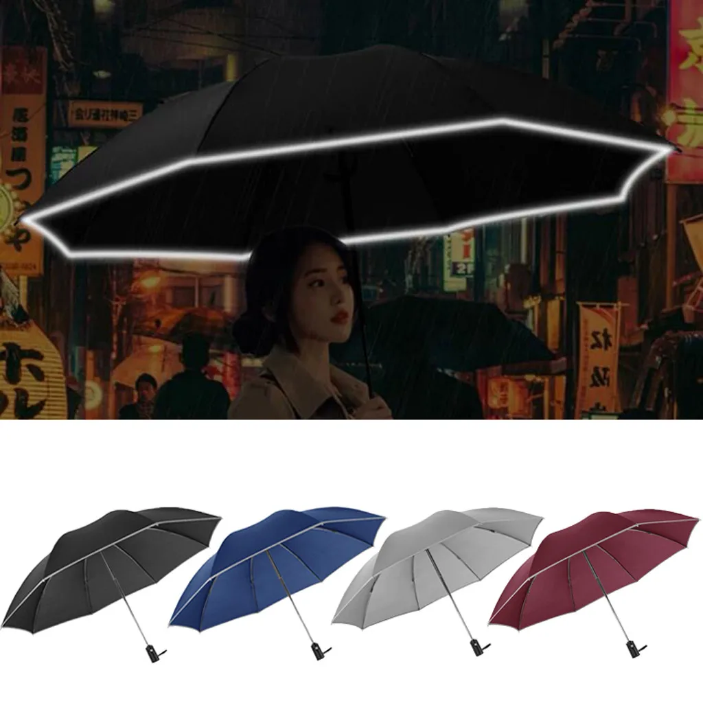 Автоматический зонтик обратный складной бизнес зонтик со светоотражающими полосками для мужчин Авто роскошный большой Ветрозащитный зонты черный