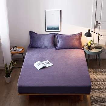 

2020 New Solid Fleece Elastic Sheet Set Rubber Fitted Sheet + 3pcs Linen Mattress Warm Flannel Velvet Pillowcase Winter Cover