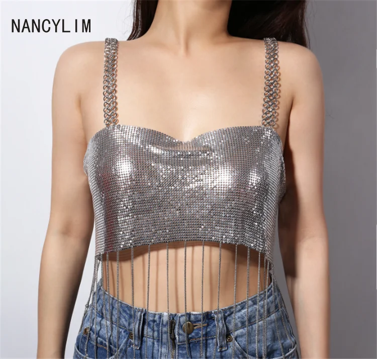 Sexy Metal Suspender Tanks Women Summer BLING Sequins Tassels Body Chest Chain Bra Girls Party Dance Top Shirts Femme Nancylim