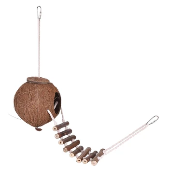

New 100% Natural Coconut Husk Coconut Hide with Ladder for Bird Shell Hideaway Durable Habitat