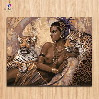 

Oil Painting Coloring by Numbers Elegant Dark Skin Woman and Leopards,african Tribes Character Paint Figure Painting 40x50 50x60