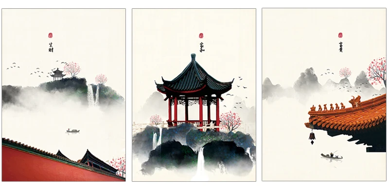 新中式民俗山水建筑装饰画01