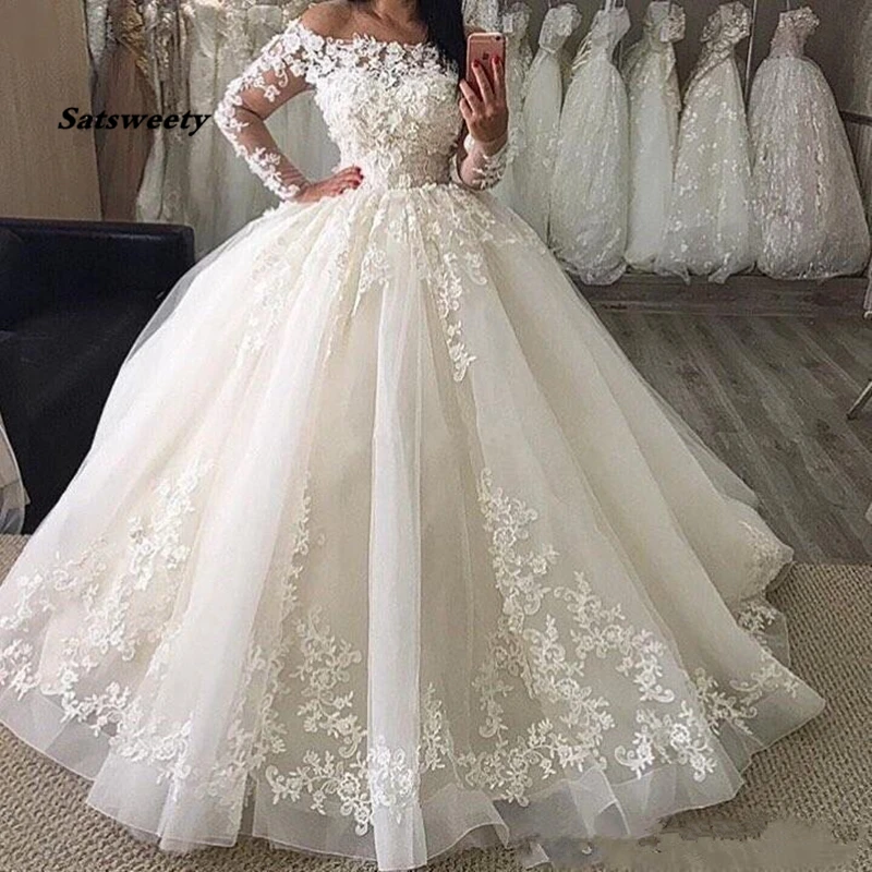 Одежда с длинным рукавом Vestido De Noiva 2021 мусульманские свадебные платья Лодочка