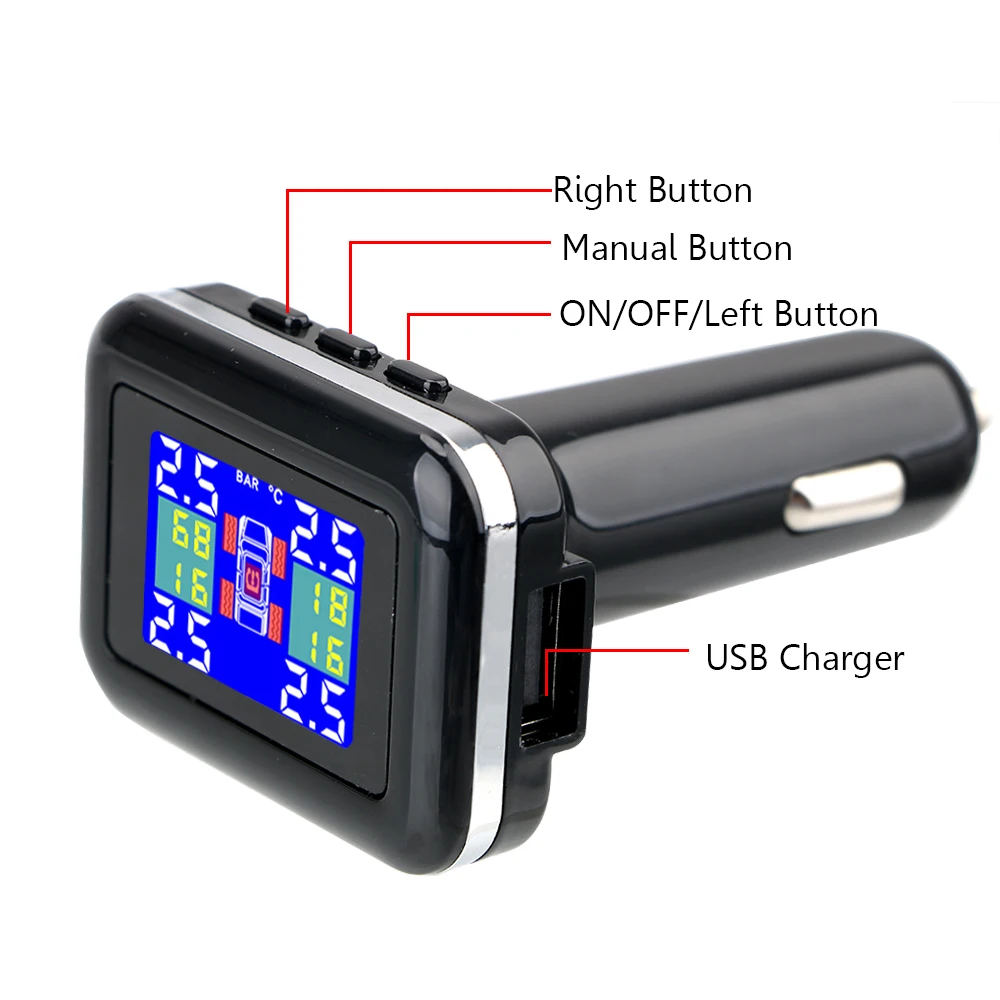 LEEPEE 4 External Sensors TPMS Car Tire Pressure Alarm Monitor System Cigarette Lighter Plug LCD Screen Display