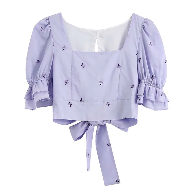 

2020 Ladies Sweet Fashion Floral Embroidered Short Blouse Retro Pull Sleeve Back Tie Blouse Flower Halter Lace Up Shirt Top