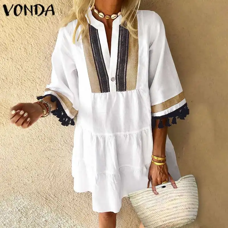 VONDA, женское летнее Мини-Платье, винтажное, с принтом, половина рукава, v-образный вырез, Платья для вечеринок, свободные, богемные, Vestidos размера плюс, длинное платье